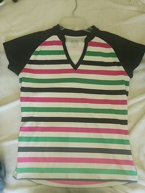 Womens Striped V-Neck Golf Top - Black, Pink & Green